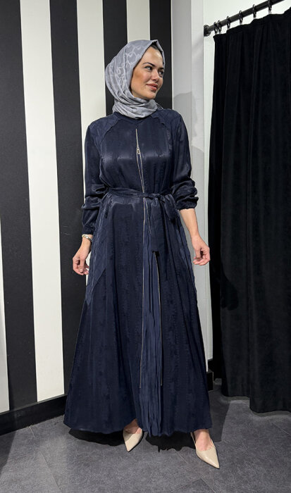 MissWhence Önden Fermuarlı Çiçekli Elbise LACİVERT - 2