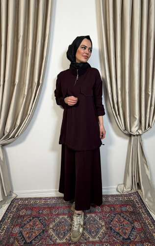 MissWhence Önü Cepli Fermuarlı Pantolon Takım BORDO - 2