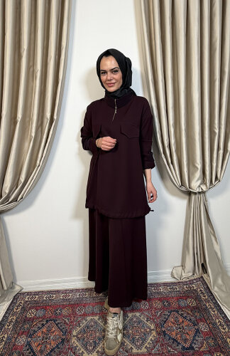 MissWhence Önü Cepli Fermuarlı Pantolon Takım BORDO 