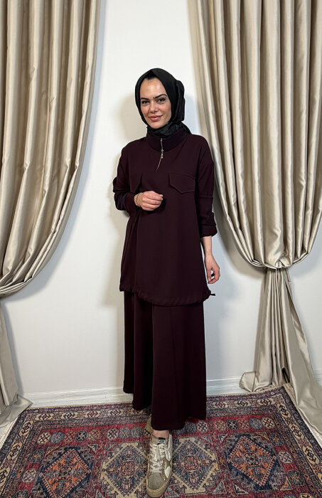 MissWhence Önü Cepli Fermuarlı Pantolon Takım BORDO - 1