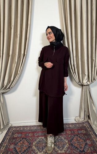 MissWhence Önü Cepli Fermuarlı Pantolon Takım BORDO - 3