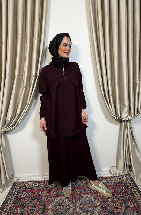 MissWhence Önü Cepli Fermuarlı Pantolon Takım BORDO - 4