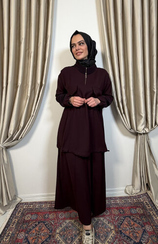 MissWhence Önü Cepli Fermuarlı Pantolon Takım BORDO - 5