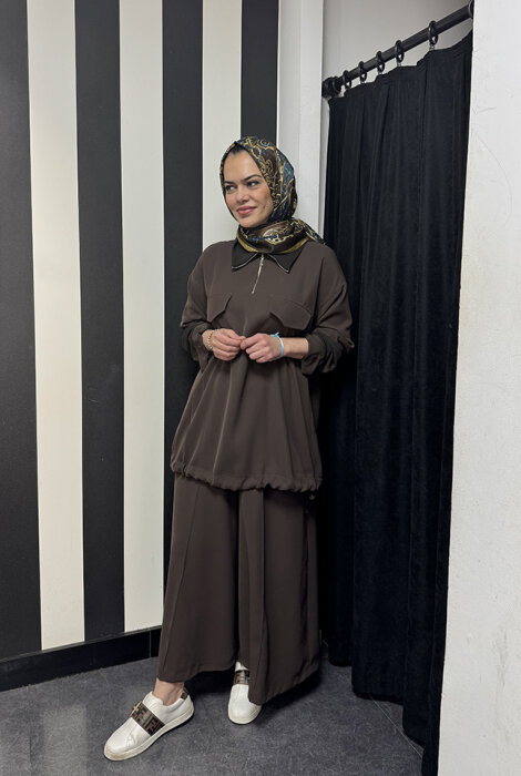 MissWhence Önü Cepli Fermuarlı Pantolon Takım KAHVE - 1