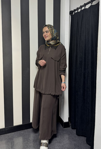 MissWhence Önü Cepli Fermuarlı Pantolon Takım KAHVE - 2