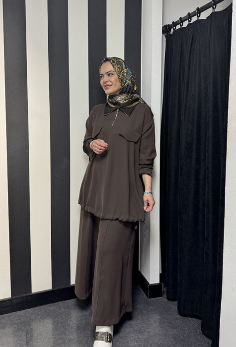 MissWhence Önü Cepli Fermuarlı Pantolon Takım KAHVE - 2