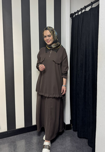 MissWhence Önü Cepli Fermuarlı Pantolon Takım KAHVE - 3