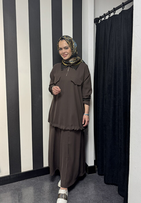 MissWhence Önü Cepli Fermuarlı Pantolon Takım KAHVE - 3