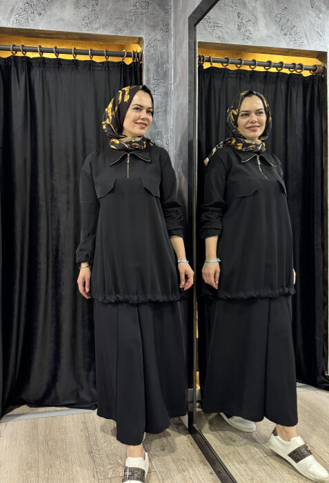 MissWhence Önü Cepli Fermuarlı Pantolon Takım SİYAH - 3