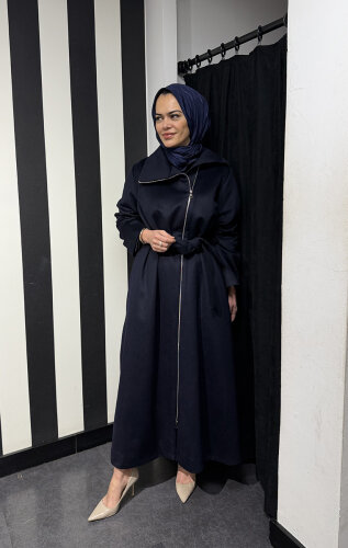 MissWhence Önü Fermuarlı Belden Kuşaklı Pardesü LACİVERT