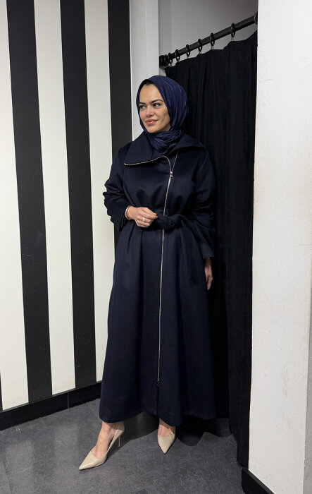 MissWhence Önü Fermuarlı Belden Kuşaklı Pardesü LACİVERT - 1