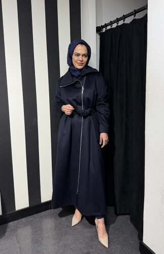 MissWhence Önü Fermuarlı Belden Kuşaklı Pardesü LACİVERT - 2