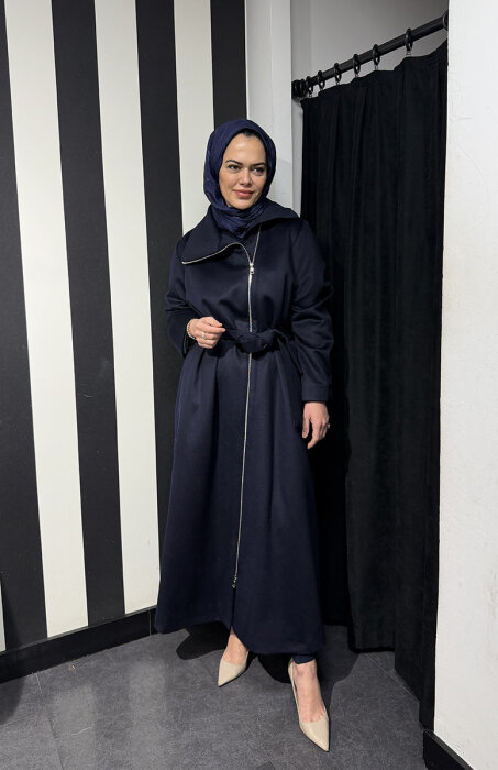 MissWhence Önü Fermuarlı Belden Kuşaklı Pardesü LACİVERT - 2