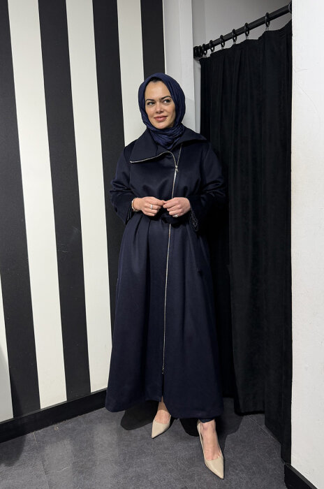 MissWhence Önü Fermuarlı Belden Kuşaklı Pardesü LACİVERT - 3