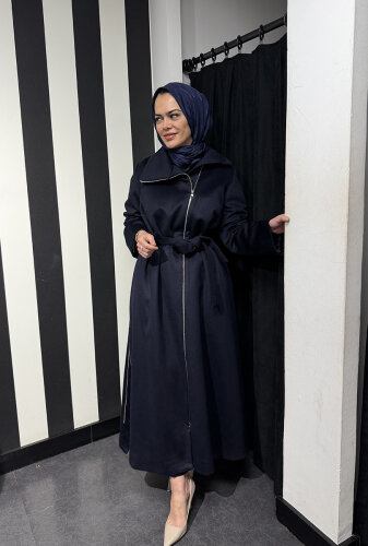 MissWhence Önü Fermuarlı Belden Kuşaklı Pardesü LACİVERT - 4