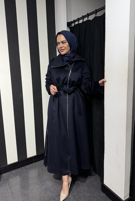 MissWhence Önü Fermuarlı Belden Kuşaklı Pardesü LACİVERT - 4