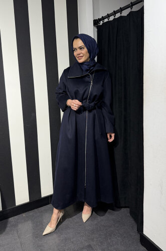 MissWhence Önü Fermuarlı Belden Kuşaklı Pardesü LACİVERT - 5