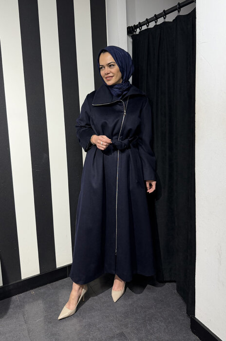 MissWhence Önü Fermuarlı Belden Kuşaklı Pardesü LACİVERT - 5