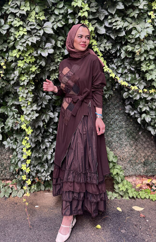 MissWhence Önü Fermuarlı İkili Elbise KAHVE - 2