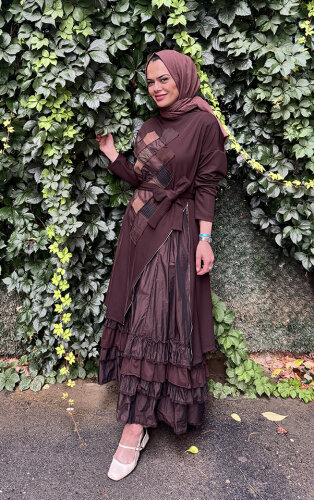 MissWhence Önü Fermuarlı İkili Elbise KAHVE - 3