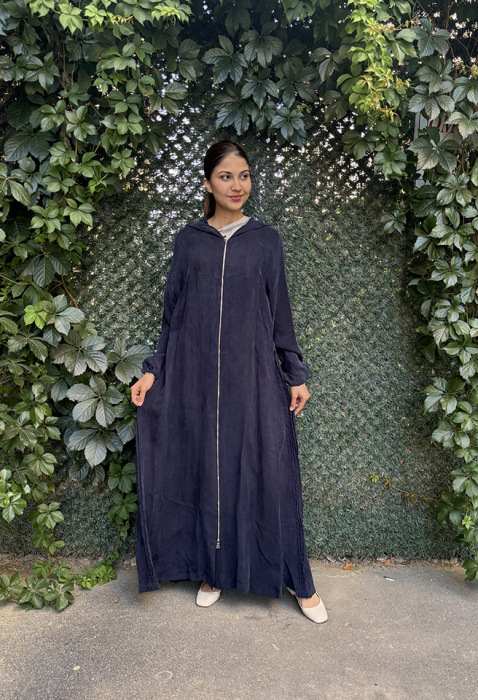 MissWhence Önü Fermuarlı Kapüşonlu İpek Pardesü LACİVERT - 2