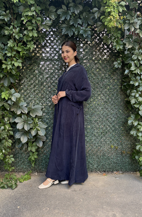 MissWhence Önü Fermuarlı Kapüşonlu İpek Pardesü LACİVERT - 3