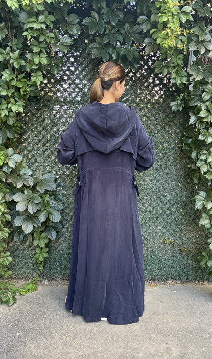 MissWhence Önü Fermuarlı Kapüşonlu İpek Pardesü LACİVERT - 4