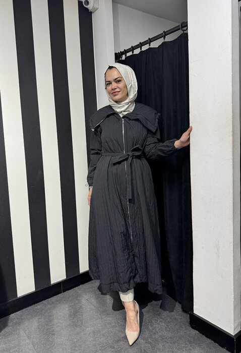 MissWhence Önü Fermuarlı Paraşüt Pardesü SİYAH - 2