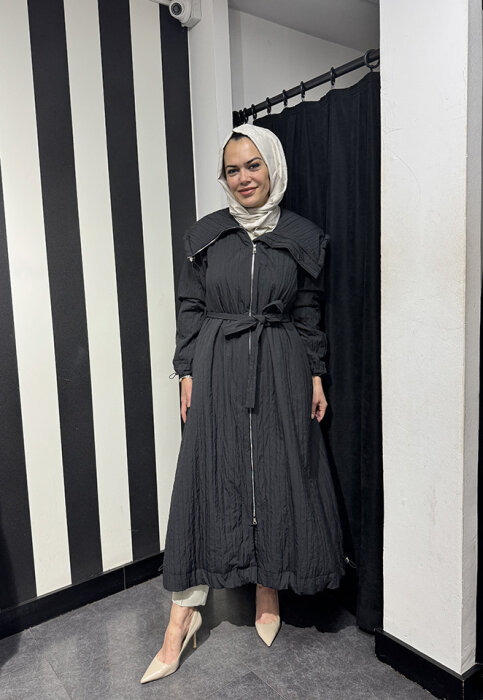 MissWhence Önü Fermuarlı Paraşüt Pardesü SİYAH - 3