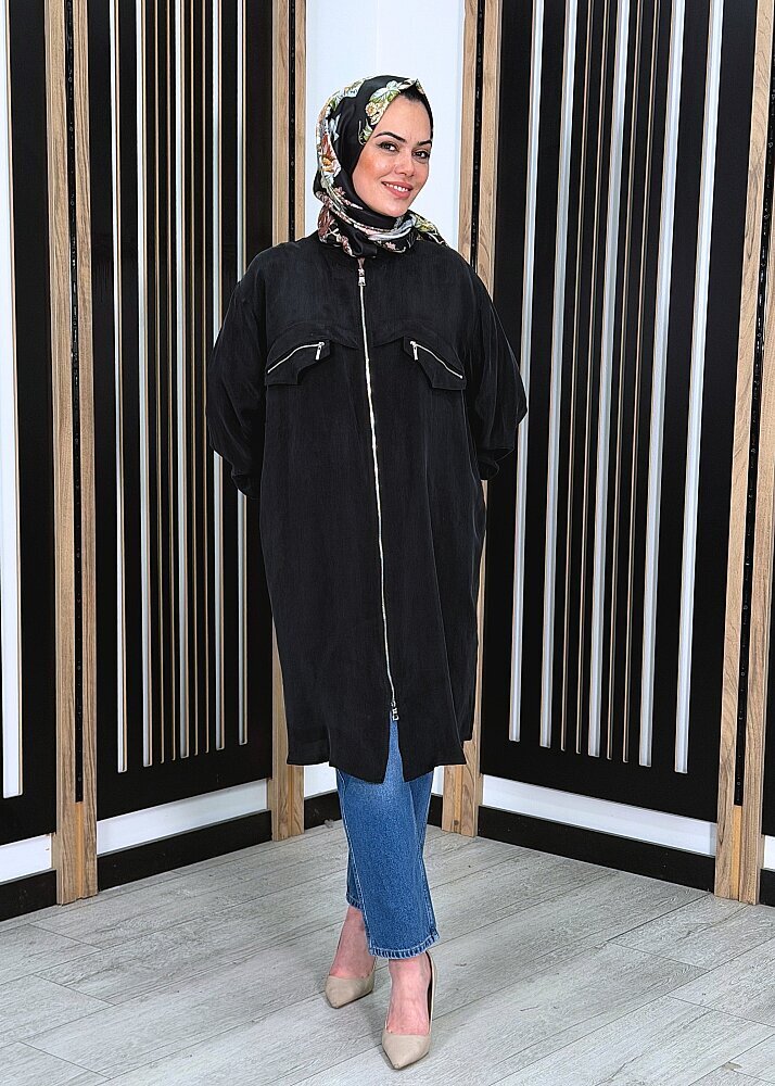 MissWhence Önü Fermuarlı Qupra Gömlek SİYAH - 3