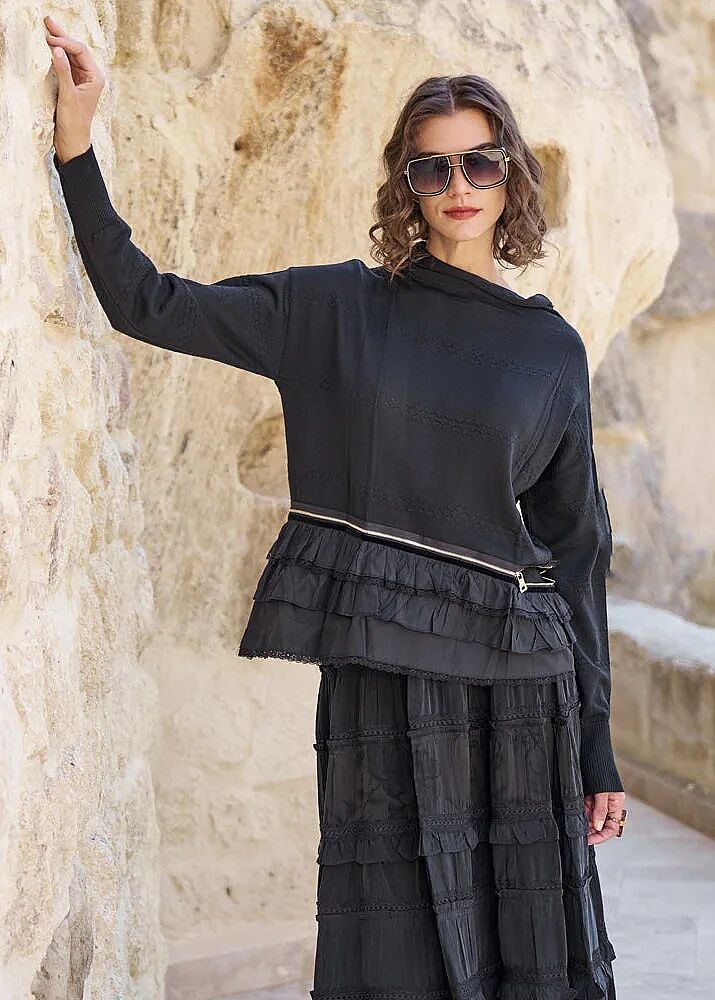 MissWhence Önü Katlı Fermuarlı Tunik SİYAH
