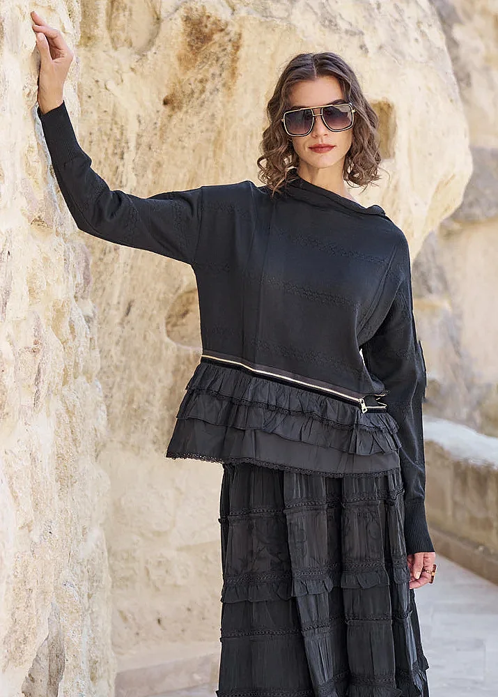 MissWhence Önü Katlı Fermuarlı Tunik SİYAH - 1