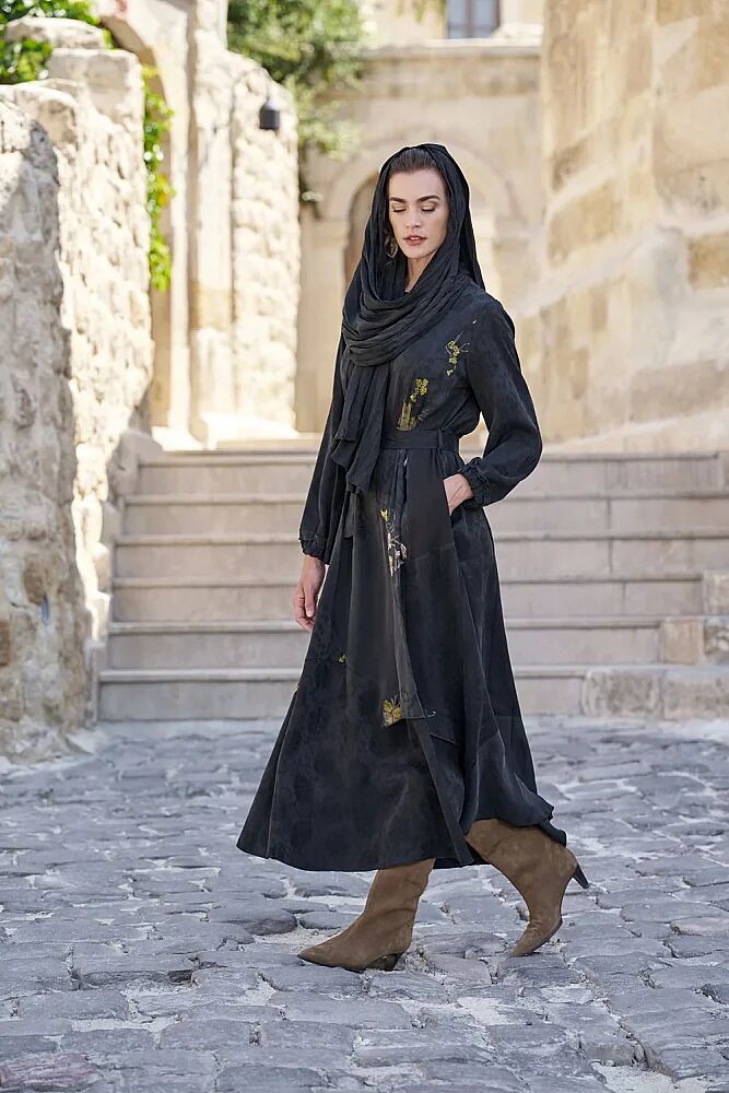 MissWhence Önü Şeritli Kendinden Desenli Elbise SİYAH - 5
