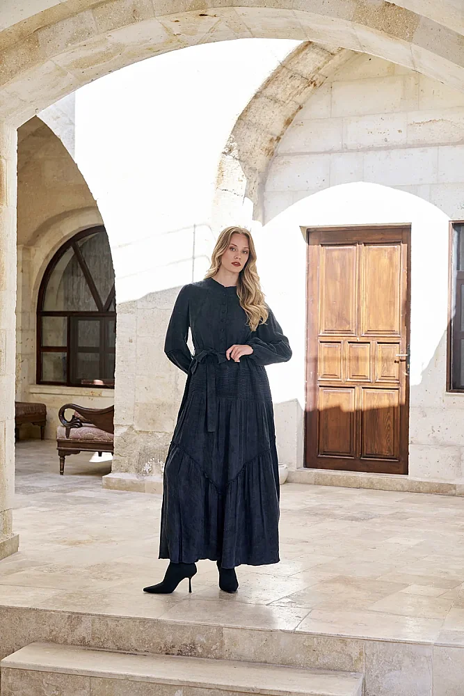 MissWhence Önü Yarıya Kadar Düğmeli Sulu Boya Desenli Elbise LACİVERT - 4