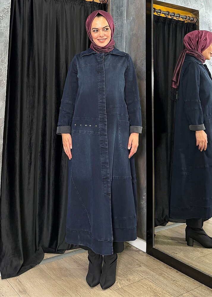 MissWhence Önü Zımba Detaylı Kot Pardesü LACİVERT