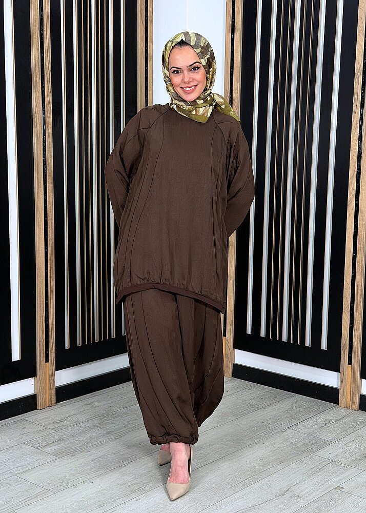 MissWhence Pantolon Ucu Lastikli Takım KAHVE - 2