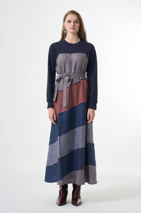 MissWhence Patchwork Elbise LACİVERT - 2