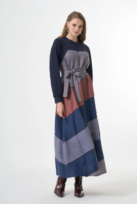 MissWhence Patchwork Elbise LACİVERT - 1