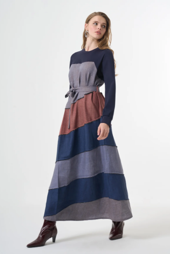 MissWhence Patchwork Elbise LACİVERT - 4