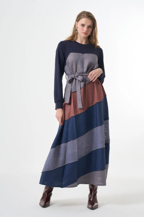 MissWhence Patchwork Elbise LACİVERT - 5