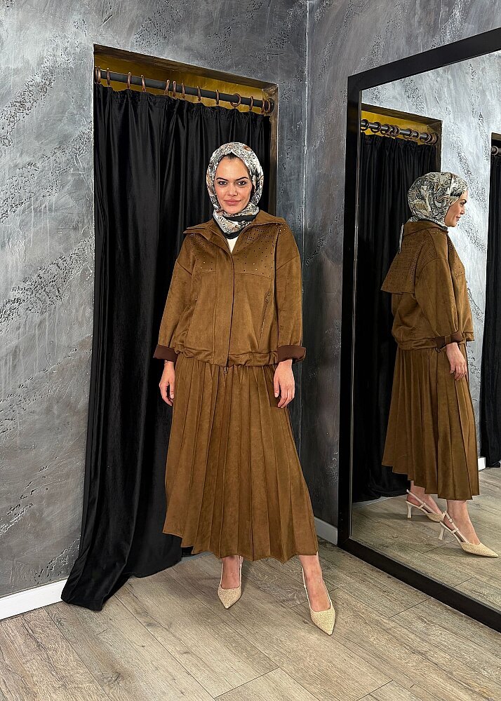 MissWhence Pliseli Süet Etek CAMEL