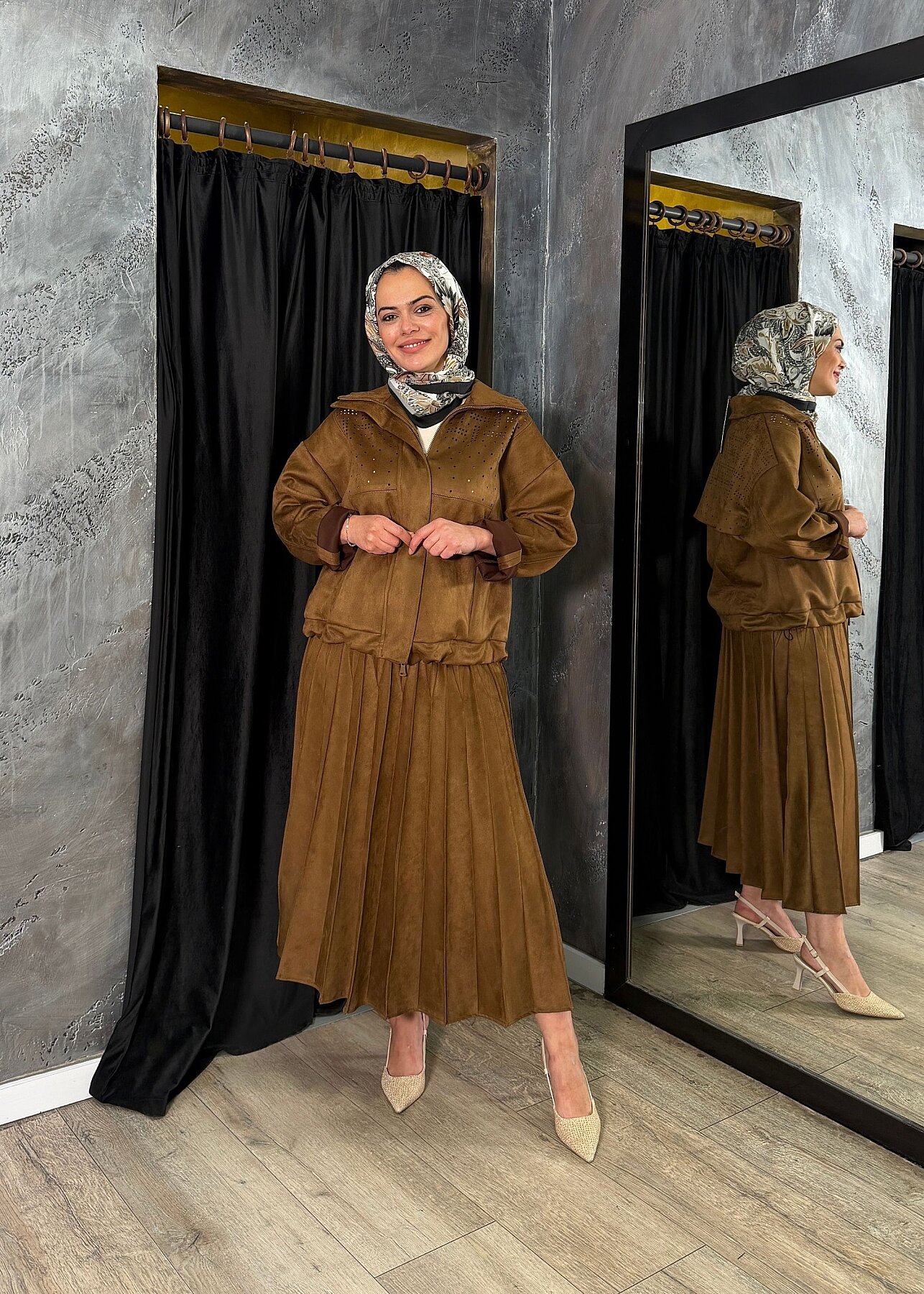 MissWhence Pliseli Süet Etek CAMEL - 2