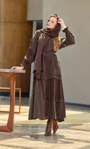 MissWhence Şallı Dantel Detaylı İpek Elbise KAHVE - 6