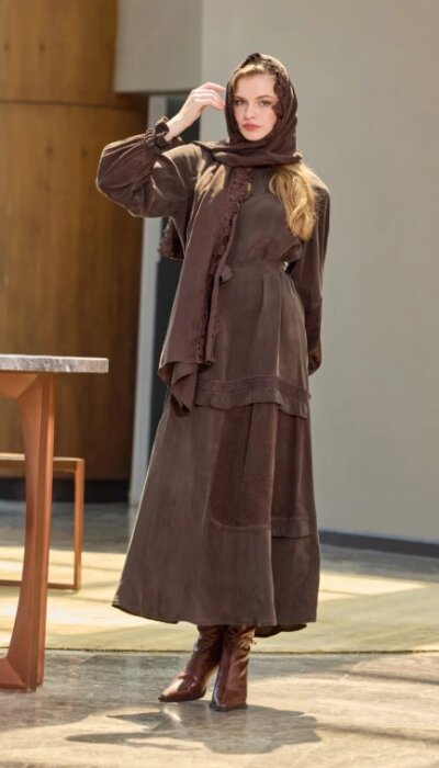 MissWhence Şallı Dantel Detaylı İpek Elbise KAHVE - 1