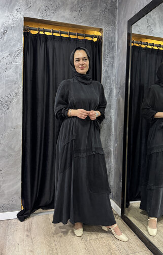 MissWhence Şallı Dantel Detaylı İpek Elbise SİYAH - 2