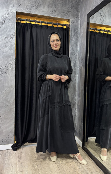 MissWhence Şallı Dantel Detaylı İpek Elbise SİYAH - 2