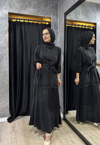 MissWhence Şallı Dantel Detaylı İpek Elbise SİYAH - 3