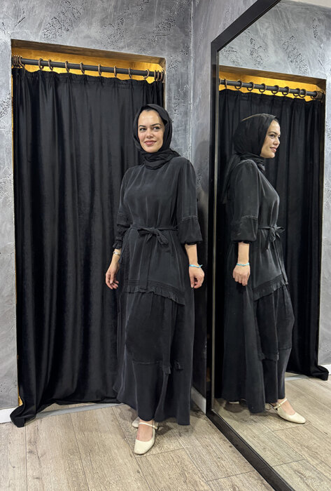 MissWhence Şallı Dantel Detaylı İpek Elbise SİYAH - 4