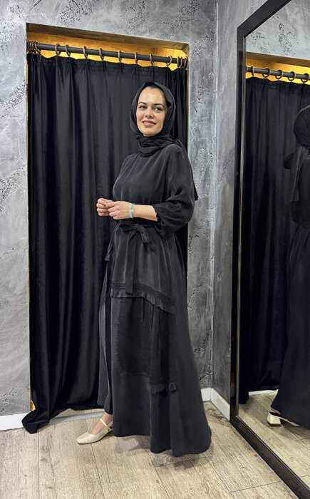 MissWhence Şallı Dantel Detaylı İpek Elbise SİYAH - 5