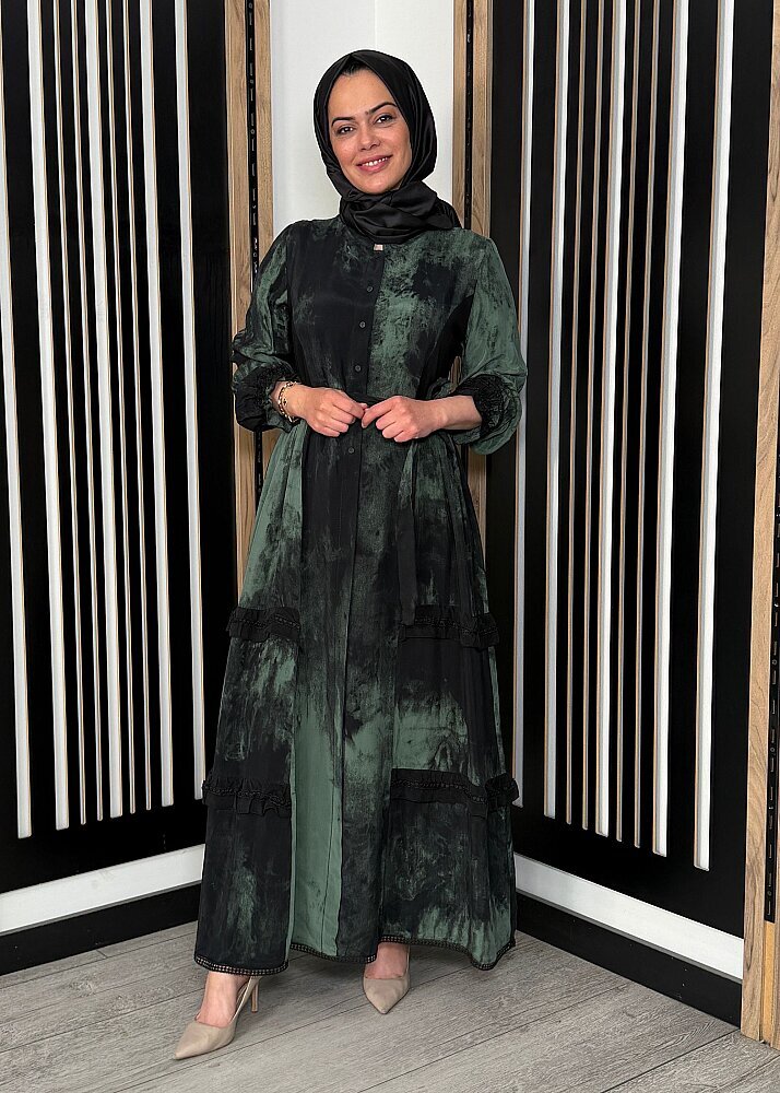 MissWhence Sulu Boya Desenli Nakış İşlemeli İpek Elbise YEŞİL - 2
